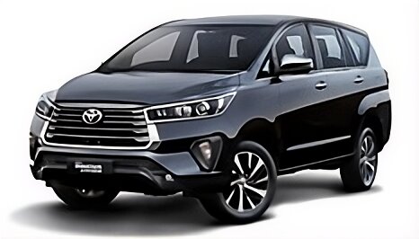 Toyota Kijang Innova warna abu-abu gelap (dark grey metallic) difoto dari sudut depan samping, menampilkan grille krom besar khas Innova, headlamp LED tajam, dan velg alloy premium. Sebagai salah satu unit armada sewa mobil di Medan, Innova ini menjadi pilihan populer untuk perjalanan bisnis, keluarga besar, maupun wisata ke Berastagi dan Danau Toba karena kenyamanan kabin dan performa mesin yang tangguh untuk medan menanjak.